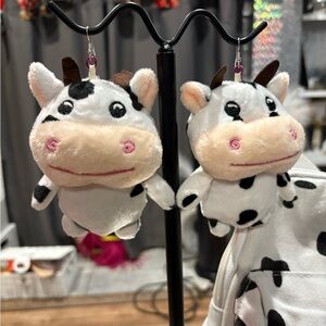 Plush Cow Earrings with a matching bag and keychain